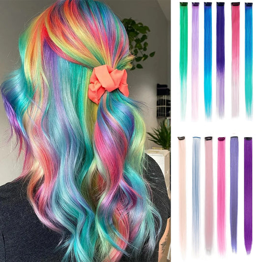 6pcs/pack Colored Party Highlights Clip in Hair Extensions for Girls 22 inches Multi-colors Straight Hair Synthetic Hairpieces