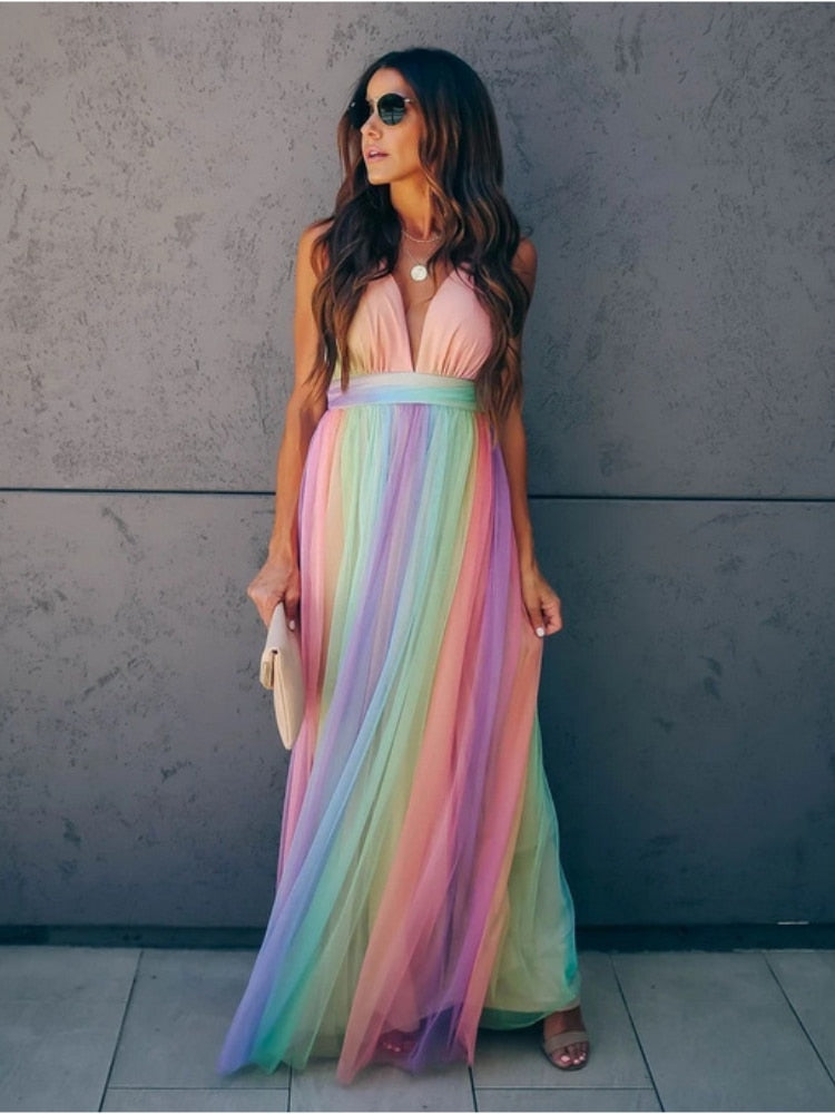 Bohemian Empire Waist Rainbow Color Gown