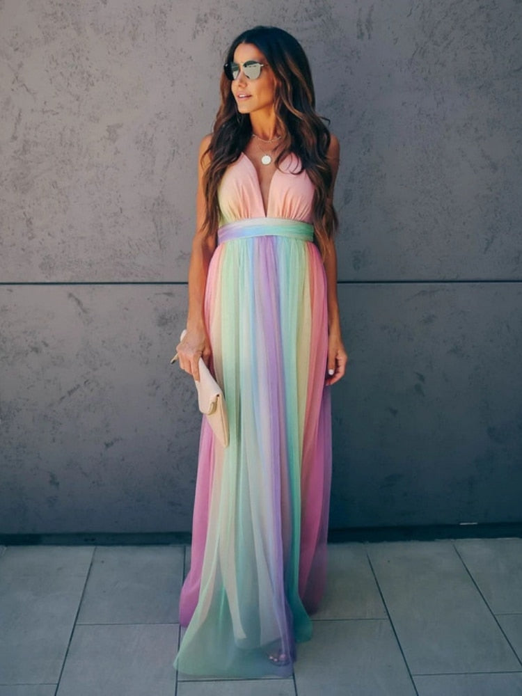 Bohemian Empire Waist Rainbow Color Gown