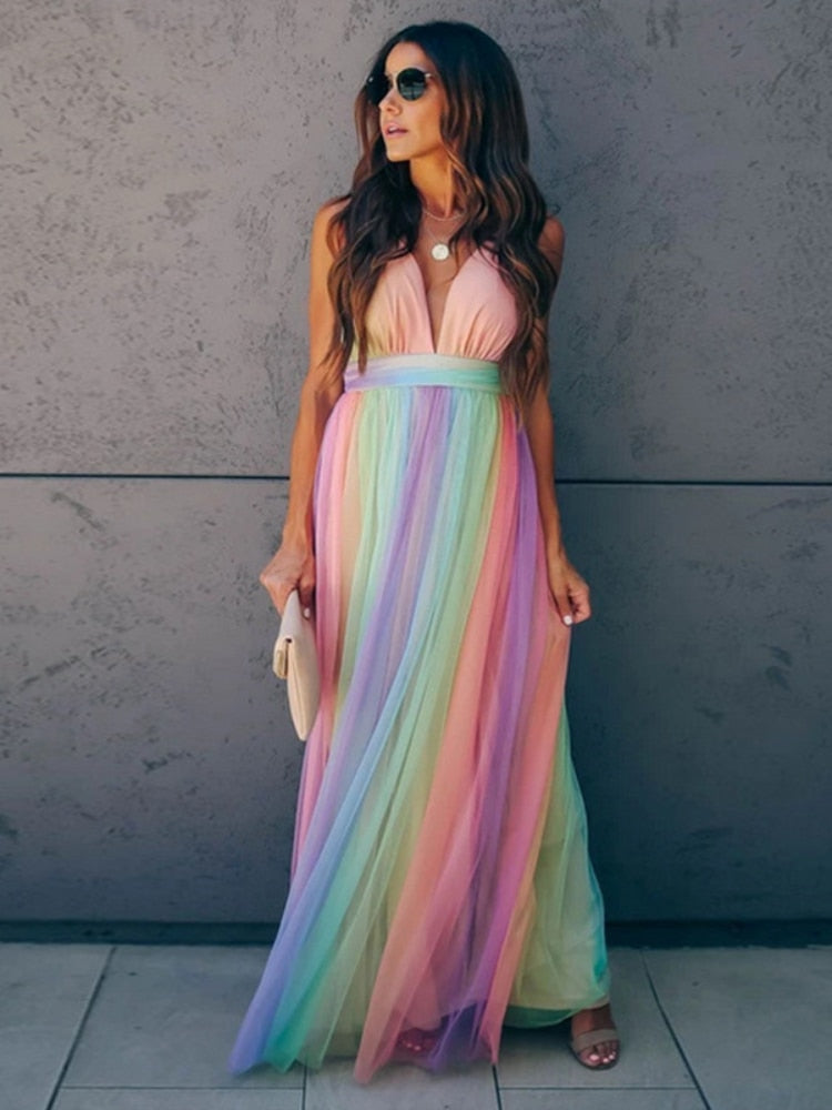 Bohemian Empire Waist Rainbow Color Gown