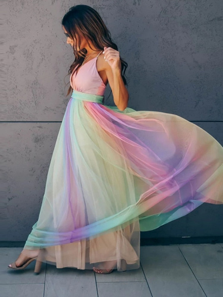 Bohemian Empire Waist Rainbow Color Gown