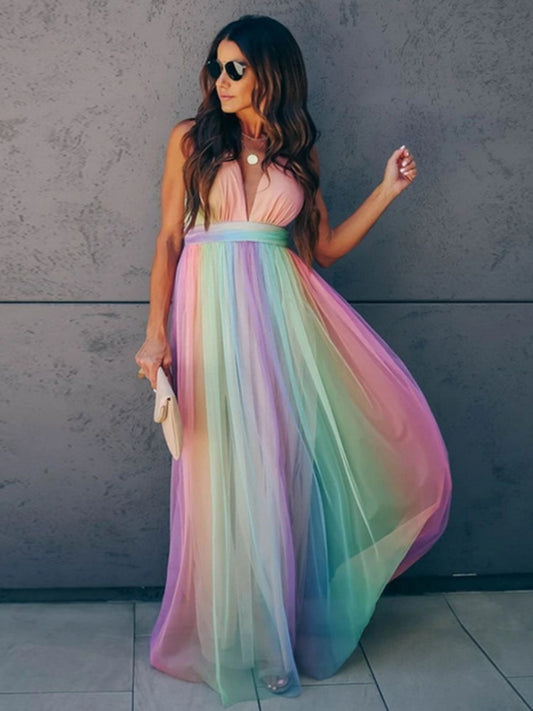 Bohemian Empire Waist Rainbow Color Gown